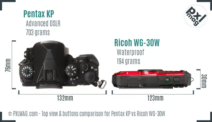 Pentax KP vs Ricoh WG-30W top view buttons comparison