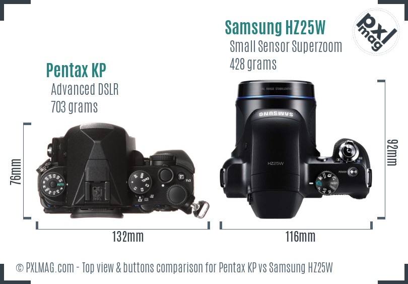 Pentax KP vs Samsung HZ25W top view buttons comparison
