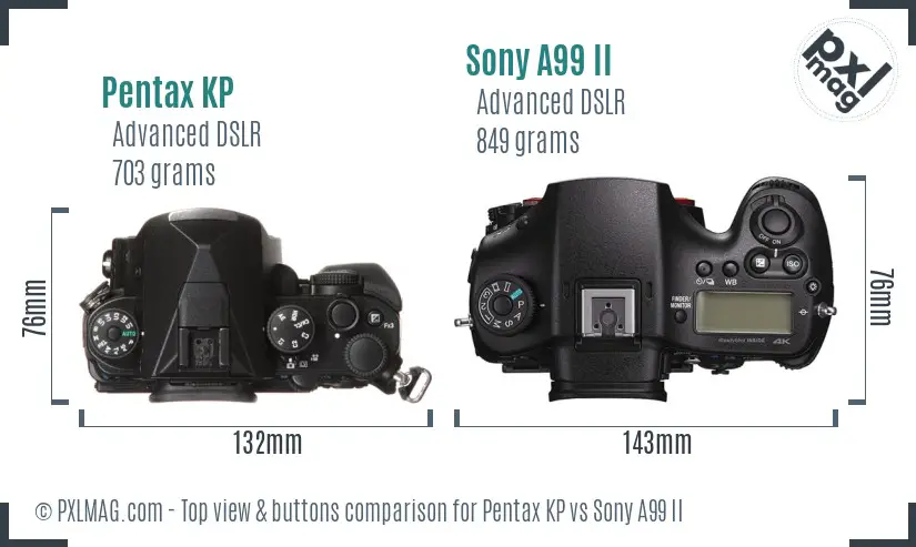 Pentax KP vs Sony A99 II top view buttons comparison
