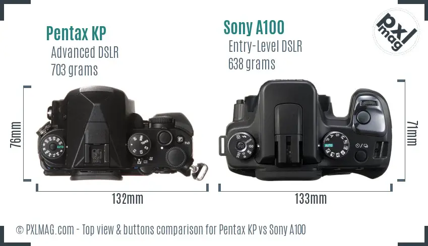 Pentax KP vs Sony A100 top view buttons comparison Pentax KP vs Sony A100 top view buttons comparison