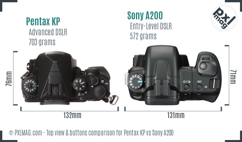Pentax KP vs Sony A200 top view buttons comparison