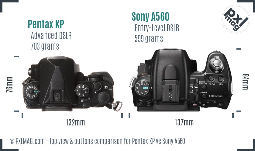 Pentax KP vs Sony A560 top view buttons comparison