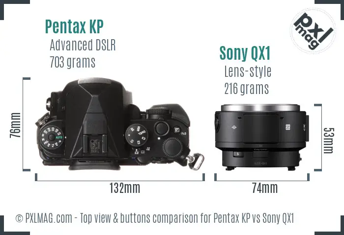 Pentax KP vs Sony QX1 top view buttons comparison Pentax KP vs Sony QX1 top view buttons comparison