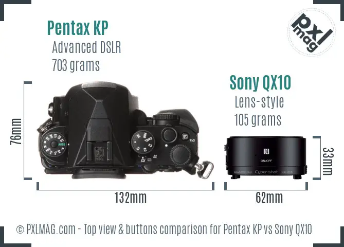 Pentax KP vs Sony QX10 top view buttons comparison Pentax KP vs Sony QX10 top view buttons comparison
