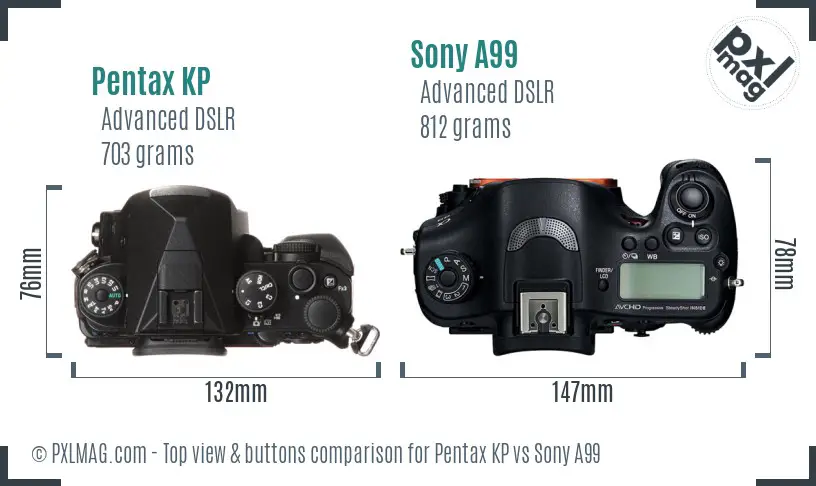 Pentax KP vs Sony A99 top view buttons comparison