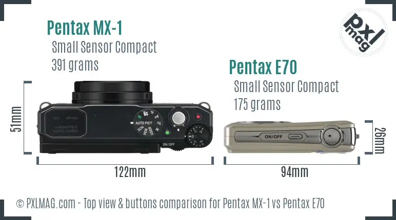 Pentax MX-1 vs Pentax E70 top view buttons comparison