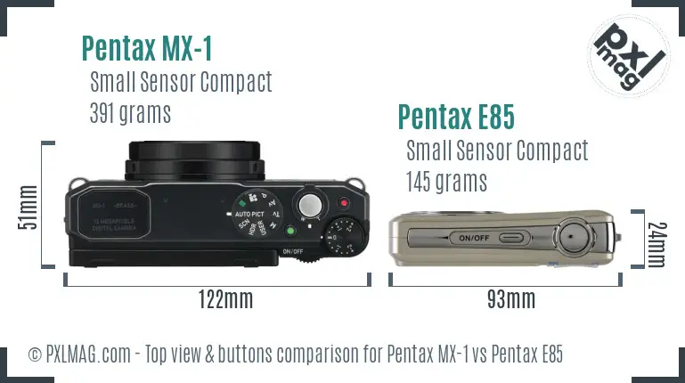 Pentax MX-1 vs Pentax E85 top view buttons comparison