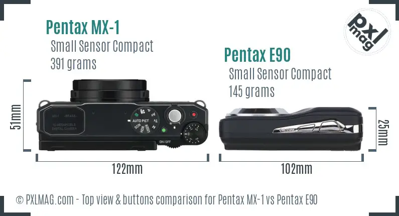 Pentax MX-1 vs Pentax E90 top view buttons comparison