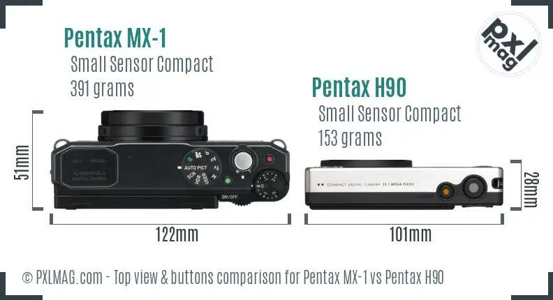 Pentax MX-1 vs Pentax H90 top view buttons comparison