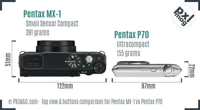 Pentax MX-1 vs Pentax P70 top view buttons comparison