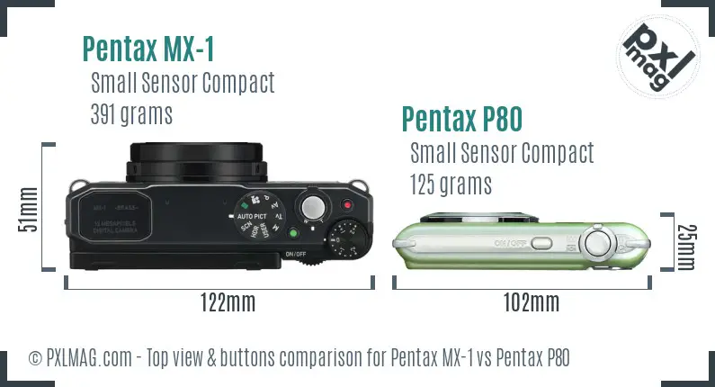 Pentax MX-1 vs Pentax P80 top view buttons comparison