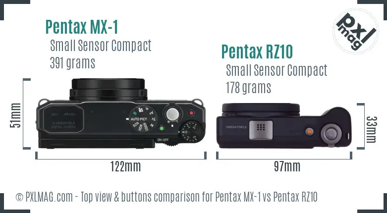 Pentax MX-1 vs Pentax RZ10 top view buttons comparison