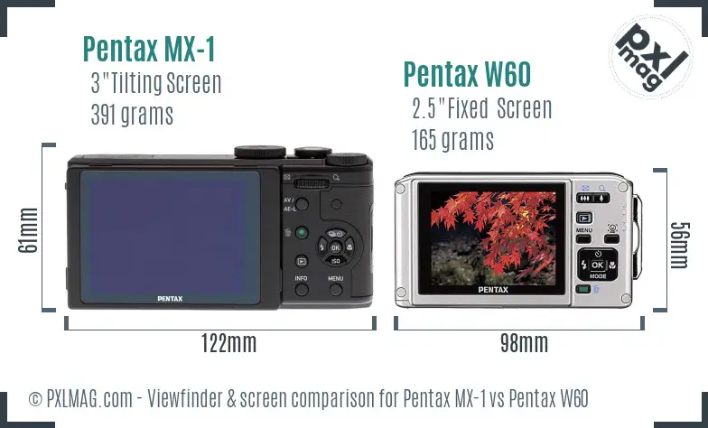 Pentax MX-1 vs Pentax W60 Screen and Viewfinder comparison