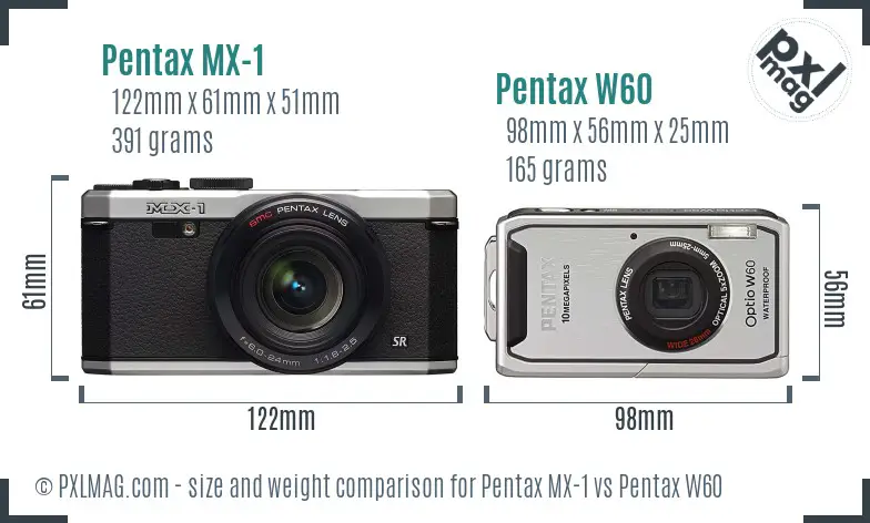 Pentax MX-1 vs Pentax W60 size comparison