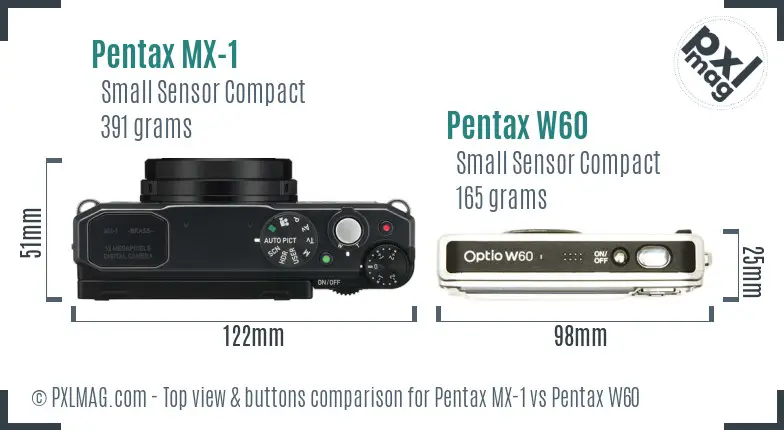 Pentax MX-1 vs Pentax W60 top view buttons comparison