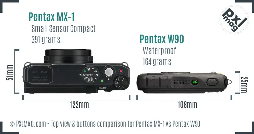 Pentax MX-1 vs Pentax W90 top view buttons comparison