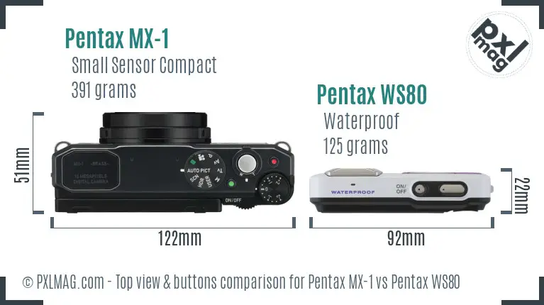 Pentax MX-1 vs Pentax WS80 top view buttons comparison