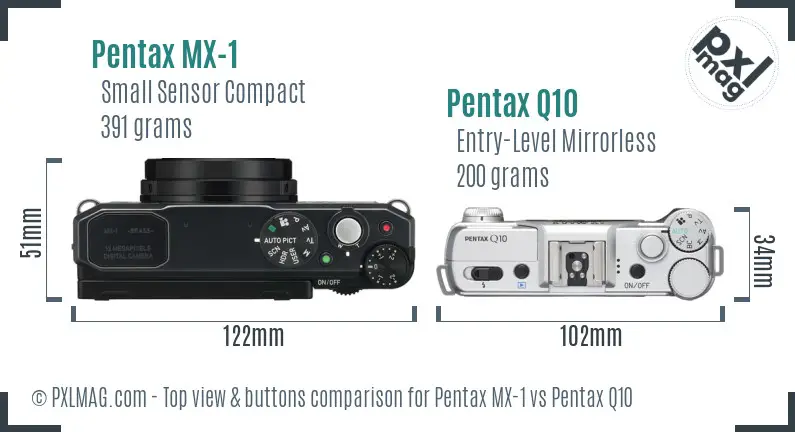 Pentax MX-1 vs Pentax Q10 top view buttons comparison