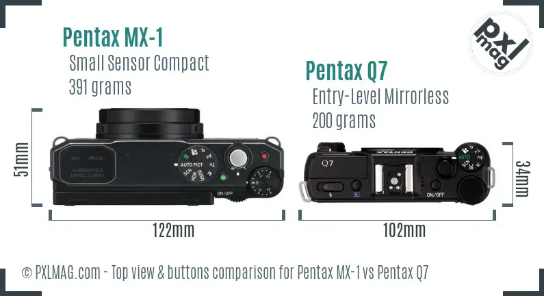 Pentax MX-1 vs Pentax Q7 top view buttons comparison