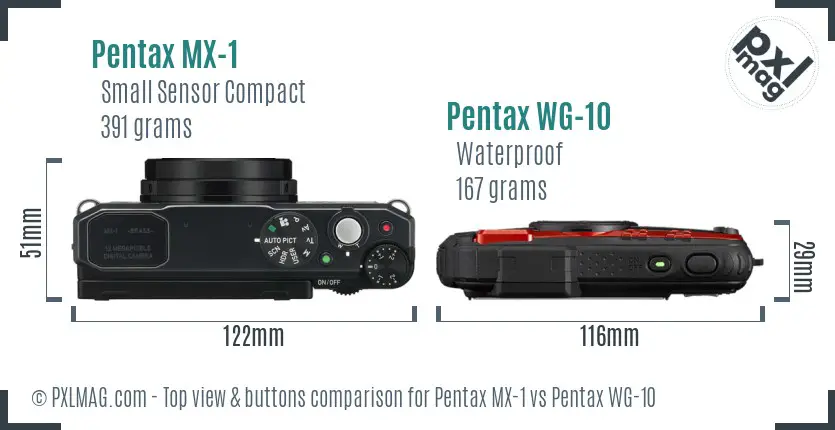 Pentax MX-1 vs Pentax WG-10 top view buttons comparison