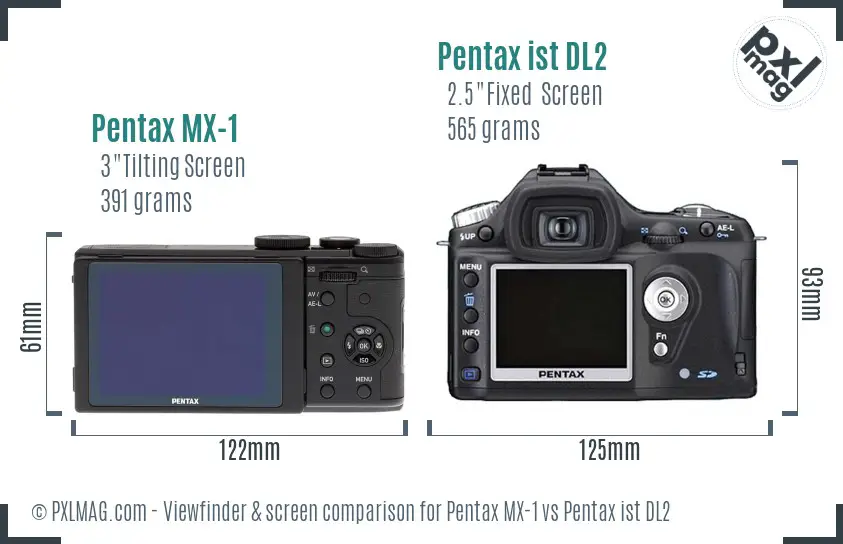 Pentax MX-1 vs Pentax ist DL2 Screen and Viewfinder comparison