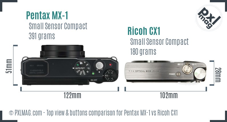 Pentax MX-1 vs Ricoh CX1 top view buttons comparison