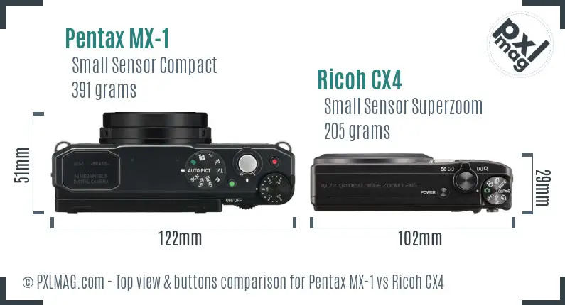 Pentax MX-1 vs Ricoh CX4 top view buttons comparison