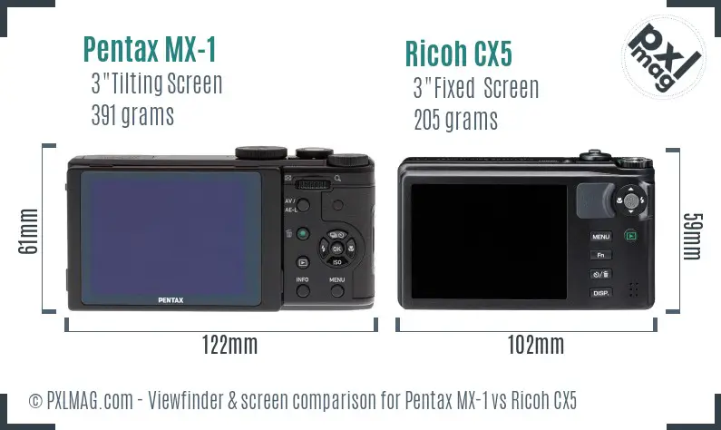 Pentax MX-1 vs Ricoh CX5 Screen and Viewfinder comparison
