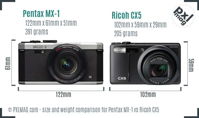 Pentax MX-1 vs Ricoh CX5 size comparison