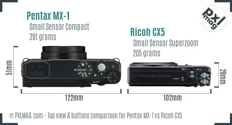 Pentax MX-1 vs Ricoh CX5 top view buttons comparison