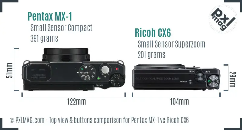 Pentax MX-1 vs Ricoh CX6 top view buttons comparison