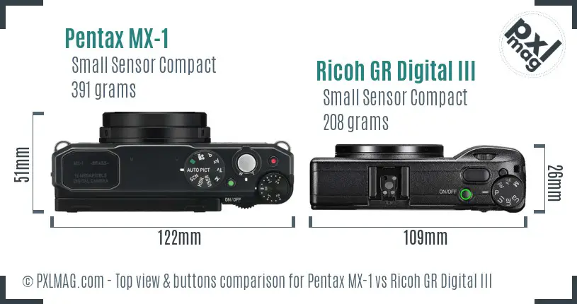 Pentax MX-1 vs Ricoh GR Digital III top view buttons comparison