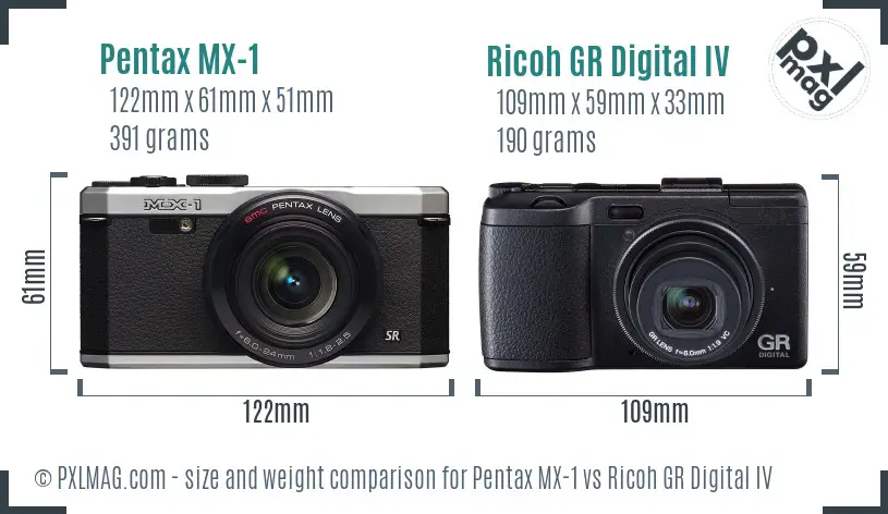 Pentax MX-1 vs Ricoh GR Digital IV size comparison