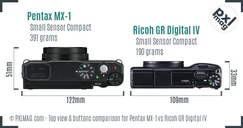 Pentax MX-1 vs Ricoh GR Digital IV top view buttons comparison
