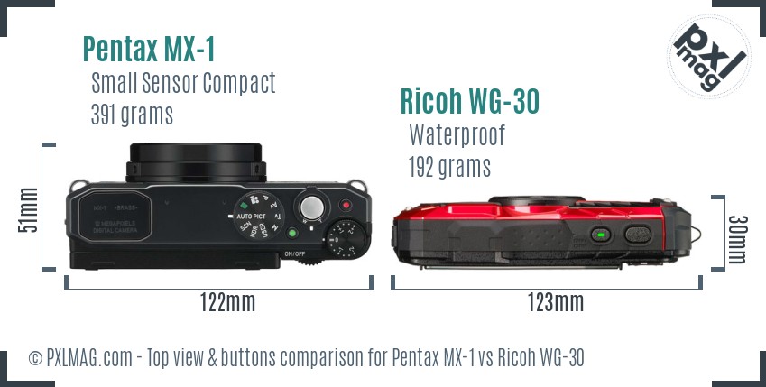 Pentax MX-1 vs Ricoh WG-30 top view buttons comparison