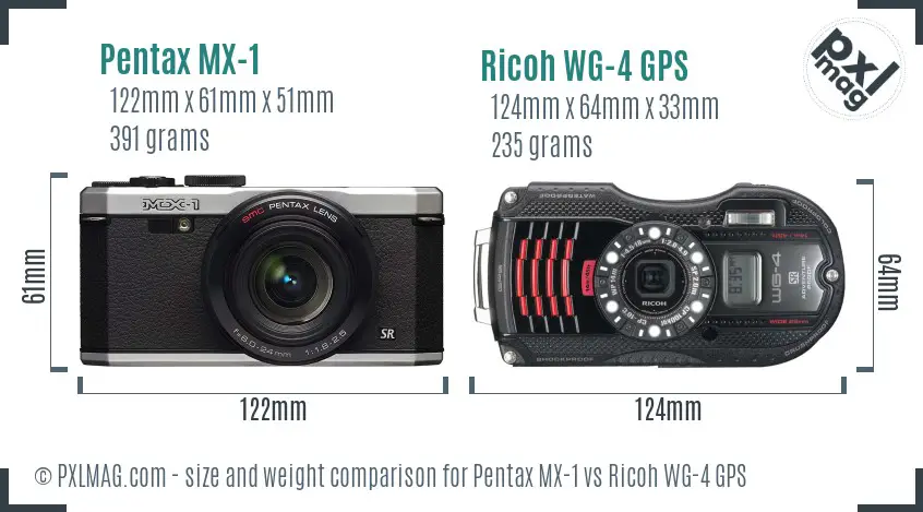 Pentax MX-1 vs Ricoh WG-4 GPS size comparison