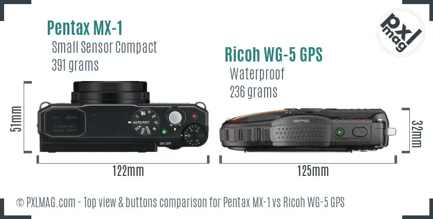 Pentax MX-1 vs Ricoh WG-5 GPS top view buttons comparison