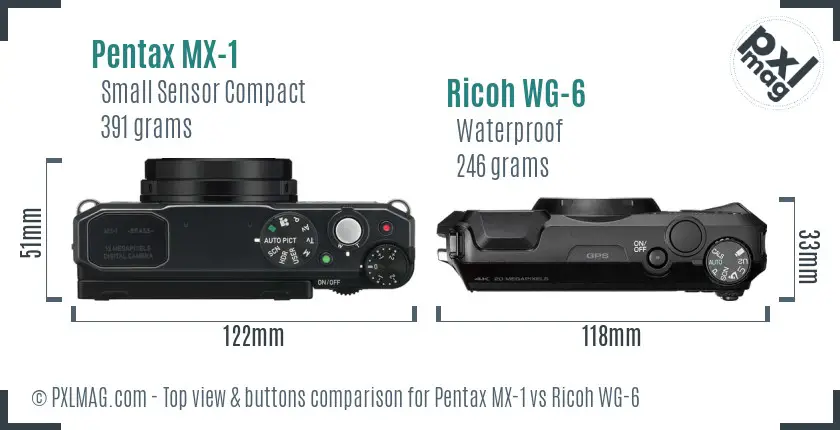 Pentax MX-1 vs Ricoh WG-6 top view buttons comparison Pentax MX-1 vs Ricoh WG-6 top view buttons comparison