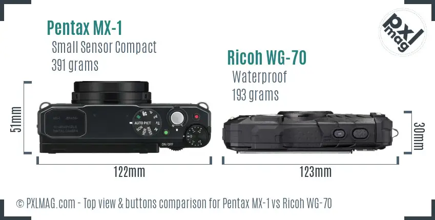 Pentax MX-1 vs Ricoh WG-70 top view buttons comparison Pentax MX-1 vs Ricoh WG-70 top view buttons comparison