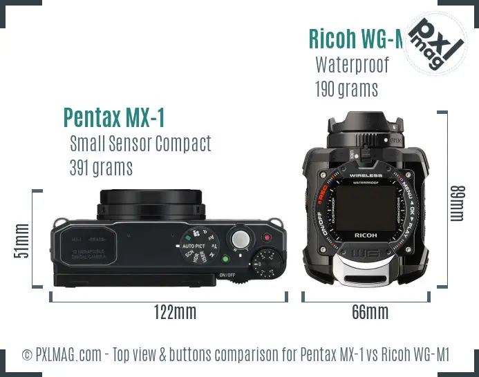 Pentax MX-1 vs Ricoh WG-M1 top view buttons comparison