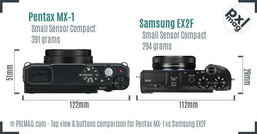 Pentax MX-1 vs Samsung EX2F top view buttons comparison