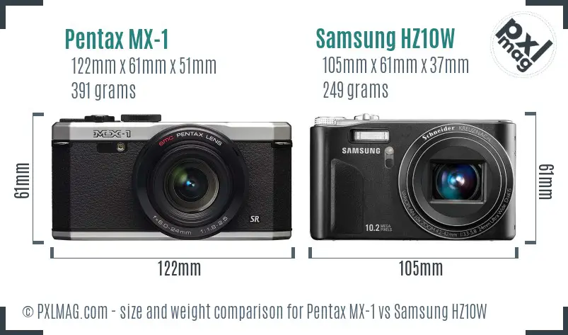 Pentax MX-1 vs Samsung HZ10W size comparison