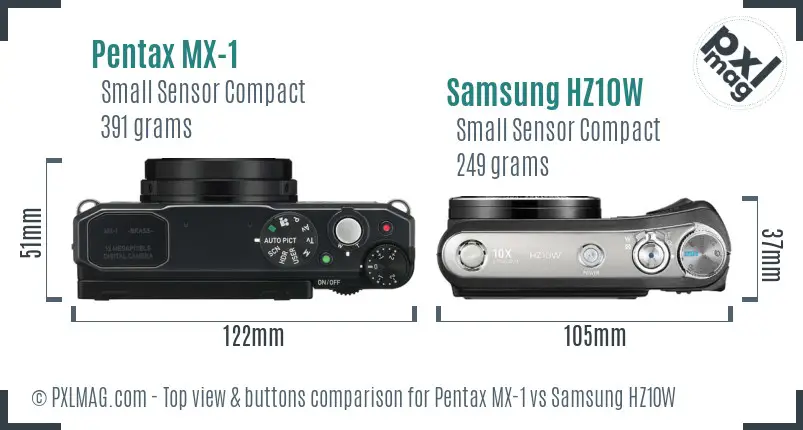Pentax MX-1 vs Samsung HZ10W top view buttons comparison