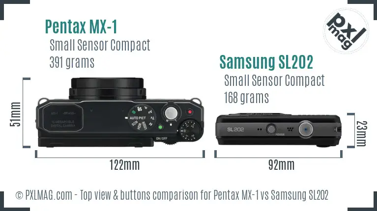 Pentax MX-1 vs Samsung SL202 top view buttons comparison