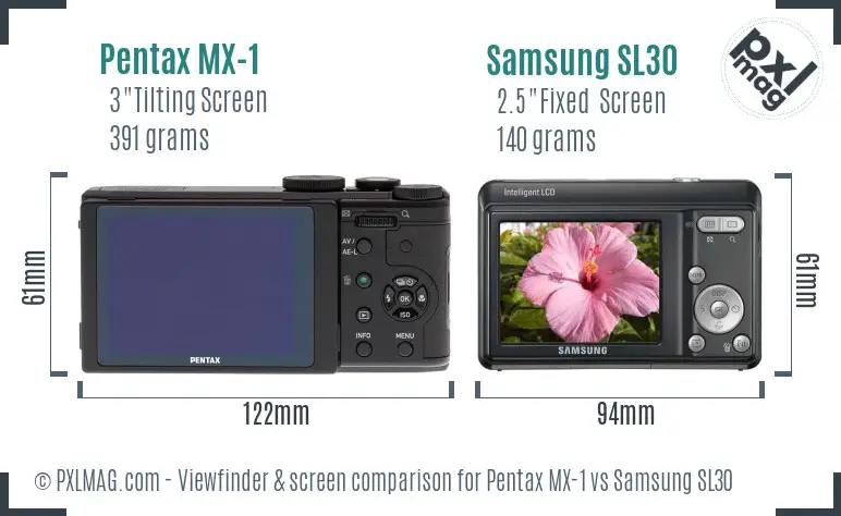 Pentax MX-1 vs Samsung SL30 Screen and Viewfinder comparison