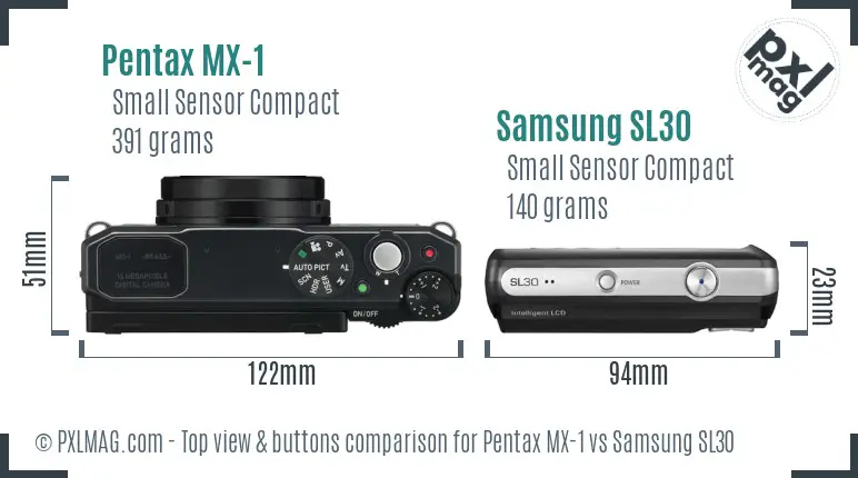 Pentax MX-1 vs Samsung SL30 top view buttons comparison