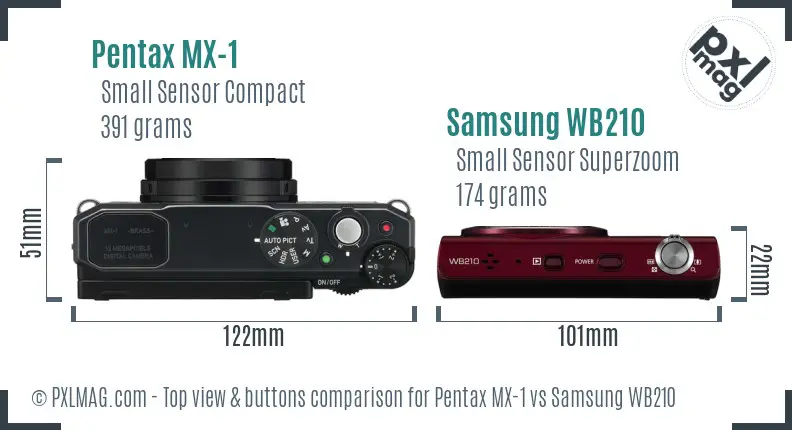 Pentax MX-1 vs Samsung WB210 top view buttons comparison Pentax MX-1 vs Samsung WB210 top view buttons comparison