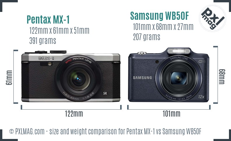 Pentax MX-1 vs Samsung WB50F size comparison