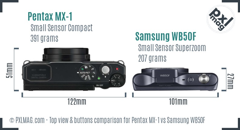Pentax MX-1 vs Samsung WB50F top view buttons comparison