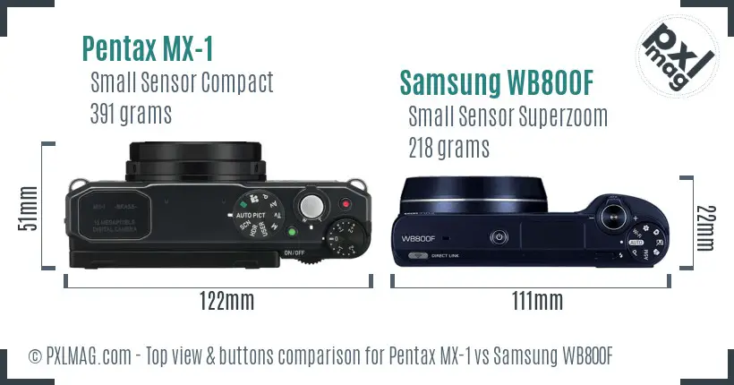 Pentax MX-1 vs Samsung WB800F top view buttons comparison Pentax MX-1 vs Samsung WB800F top view buttons comparison